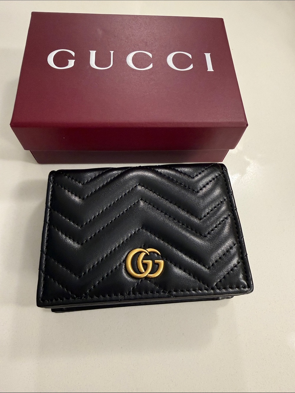 Gucci Black Chevron Leather Card Holder with Gold GG